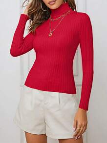 INAWLY Solid Turtleneck Ribbed Knit Sweater,Long Sleeve Tops Knit Pullover Fall Winter Sweater - Red - View 5