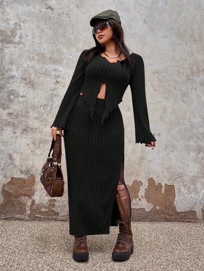 Ensemble top court et jupe avec garniture de laitue et ourlet fendu, école