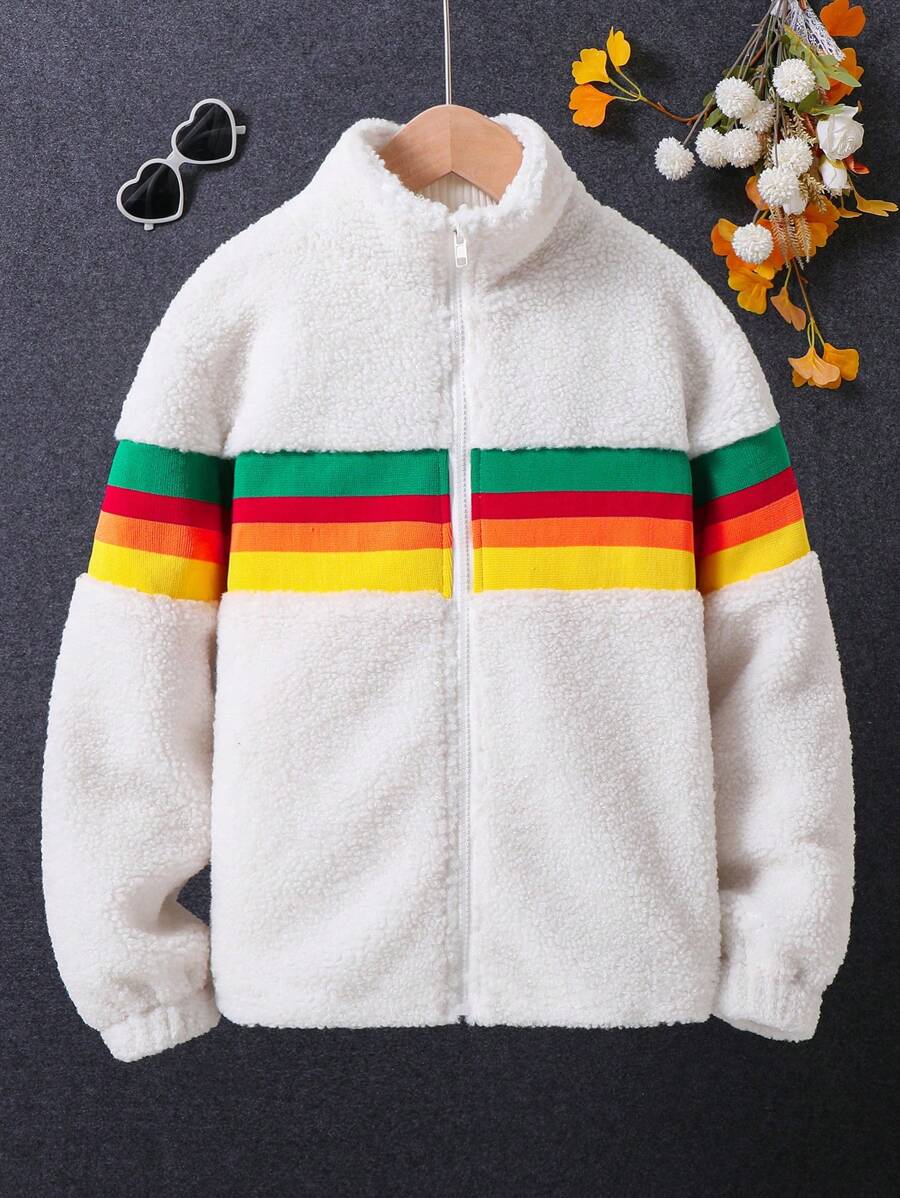 SHEIN Tween Girl 1pc Contrast Striped Print Zip Up Teddy Coat - White - View 1