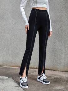 SHEIN Essnce 女性高開叉直筒長褲 - 黑色 - 查看 3