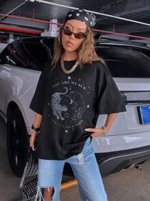SHEIN Animal & Slogan Graphic Drop Shoulder Oversized Tee - Black - View 3