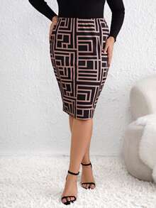 SHEIN Clasi 加大号满版印花铅笔裙 - 卡其色 - 查看 5