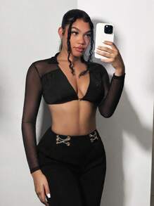 SHEIN SXY 深V領短款網紗上衣 - 黑色 - 查看 3