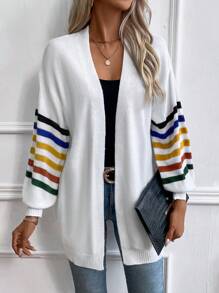 SHEIN Essnce 條紋圖案落肩袖開襟開衫 - 白色 - 查看 3