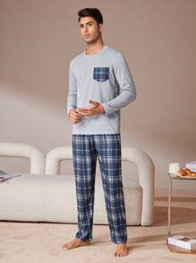 Hombres Conjunto de pijama con estampado de cuadros - Gris Claro - Ver 1