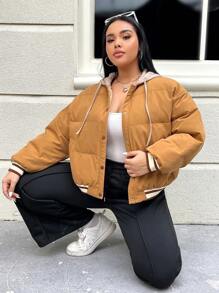 SHEIN EZwear 大码女式纯色编织连帽夹棉大衣 - 駝色 - 查看 3