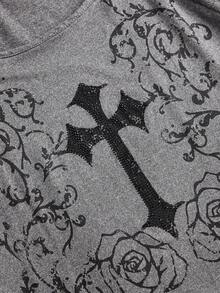 ROMWE Goth Hơn Hoa & Vượt qua In Tay áo kèn  Áo thun - Xám - Xem 4