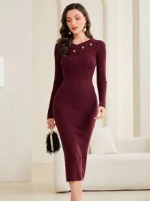 Modelyn Burgundy Red Solid Button Detail Ribbed Knit Sweater Dress - Burgundy - View 5
