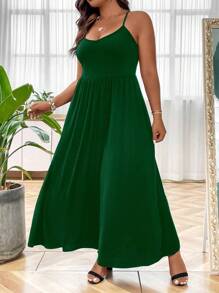 SHEIN LUNE Vestido largo de mujer tipo camiseta de talla grande de un solo color - Verde Oscuro - Ver 4