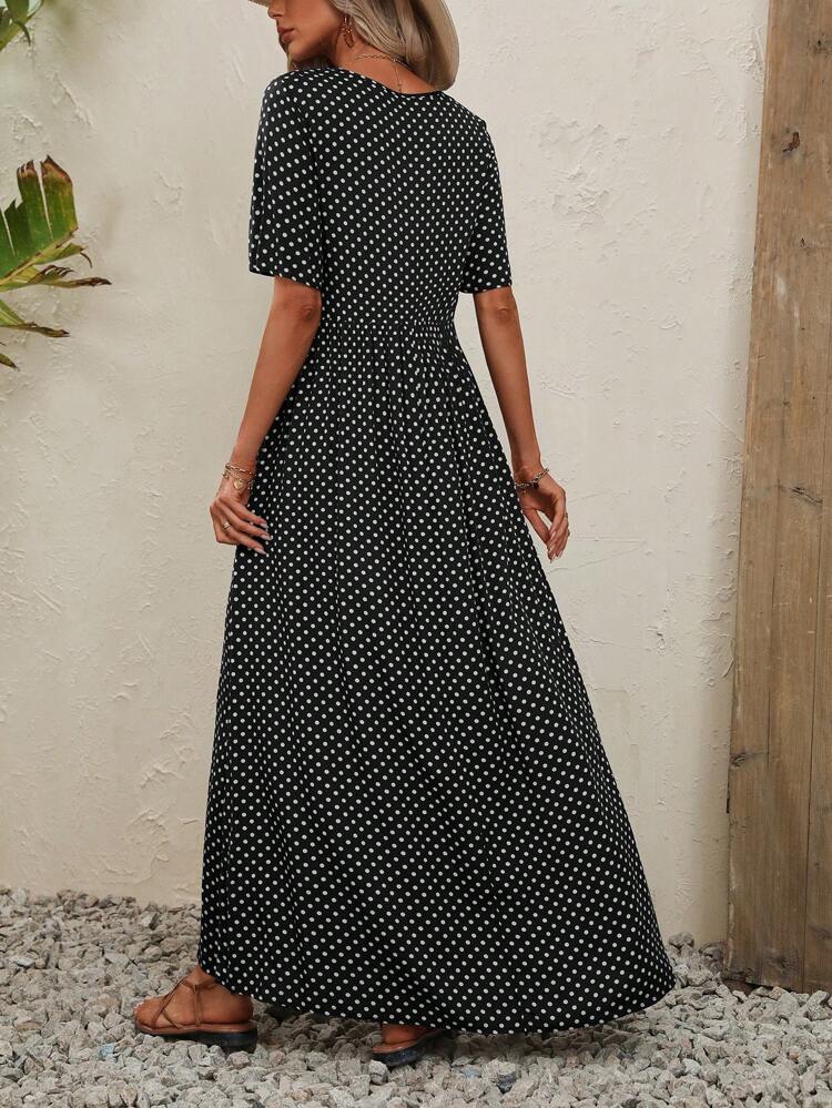 Polka Dot Print Smock Dress Maxi Women Outfit