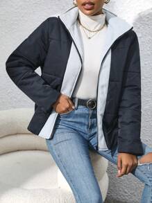 SHEIN Unity 双色拉链连帽棉服外套冬季 - 黑色 - 查看 6