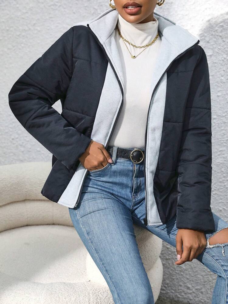 Two Tone Zip Up Hooded Padded Padded Coat Clothes Winter