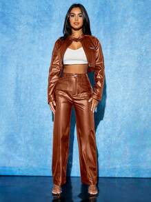 SHEIN PETITE Patch Pocket Seam Front Pants ,Petite Women - Brown - View 4