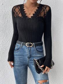 SHEIN Frenchy Contrast Lace V Neck Tee - Black - View 4
