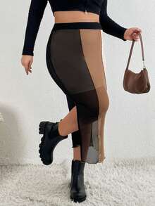 SHEIN Essnce Hơn Khối màu Tách đùi Lớp phủ lưới Váy - Nhiều màu - Xem 5