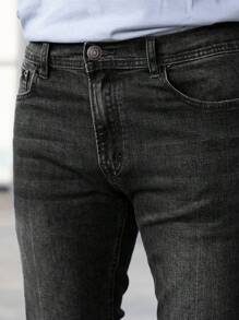 Men's Solid Color Casual Elastic Denim Jeans With Zipper Pockets - Dark Grey - View 5