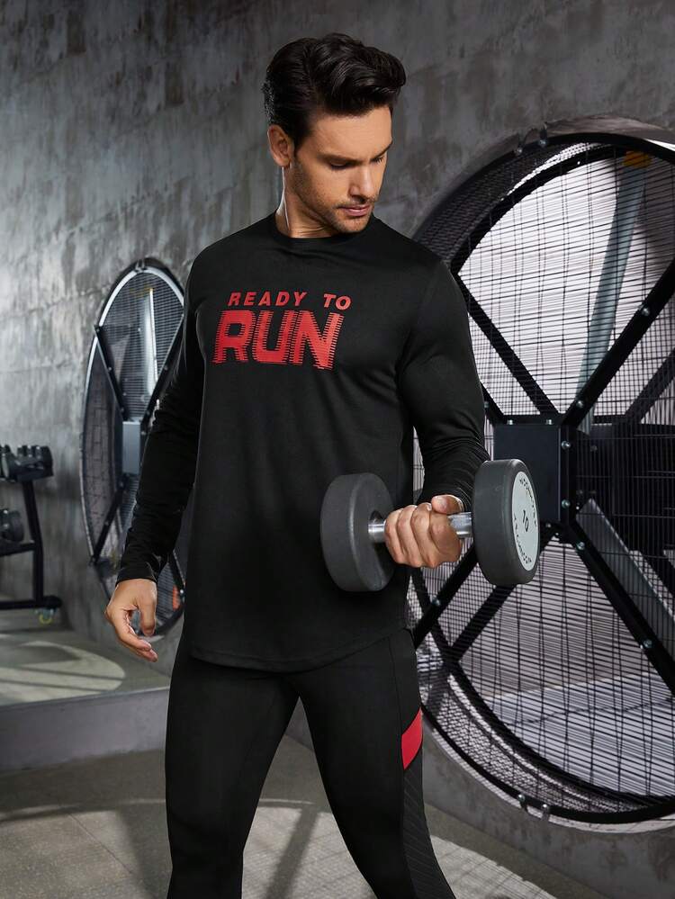 Men Letter Graphic Sports Tee Long Sleeve Shirt Compression Shirt Men
