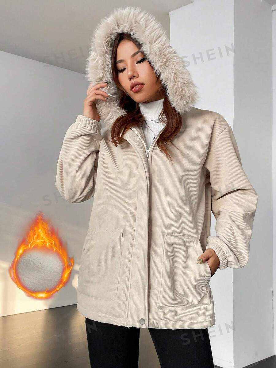 SHEIN LUNE Palton cu glugă cu buzunare înclinate - Caisă - Vizualizare 1