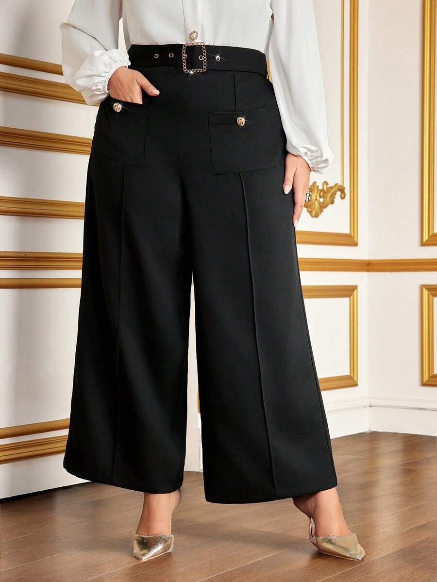 Modelyn Plus High Waist Wide Leg Pants Without Belt - Black - View 1
