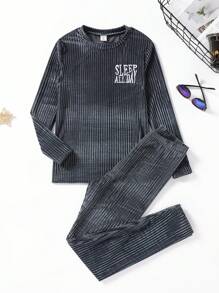 Tween Boy Letter Graphic Ribbed Knit Tee & Pants Snug Fit PJ Set - Navy Blue - View 1