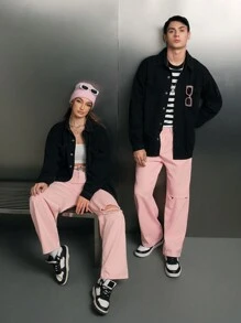 SWAVVY 1pc Men's Loose Drop Shoulder Denim Shirt With Pocket Patches - Black - View 6