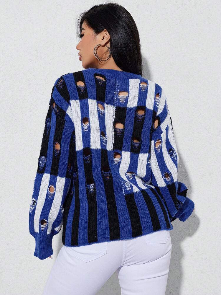 Striped Pattern Drop Shoulder Ripped Knit Pullover Fall Winter Sweater