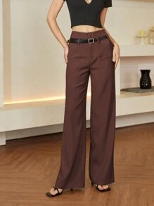 SHEIN Black Friday x Star Picks Women High Waisted Solid Color Straight Leg Casual Pants, Old Money Style, Business Casual, Spring/Summer - Chocolate Brown - View 1