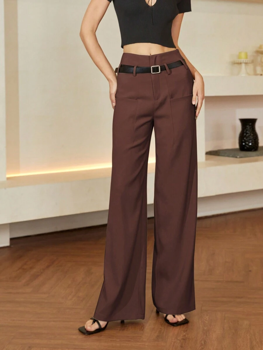 SHEIN Black Friday x Star Picks Women High Waisted Solid Color Straight Leg Casual Pants, Old Money Style, Business Casual, Spring/Summer - Chocolate Brown - View 1