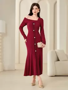 Modelyn 女士纯色不对称领口前排纽扣连衣裙长款晚礼服 - 紅色 - 查看 1
