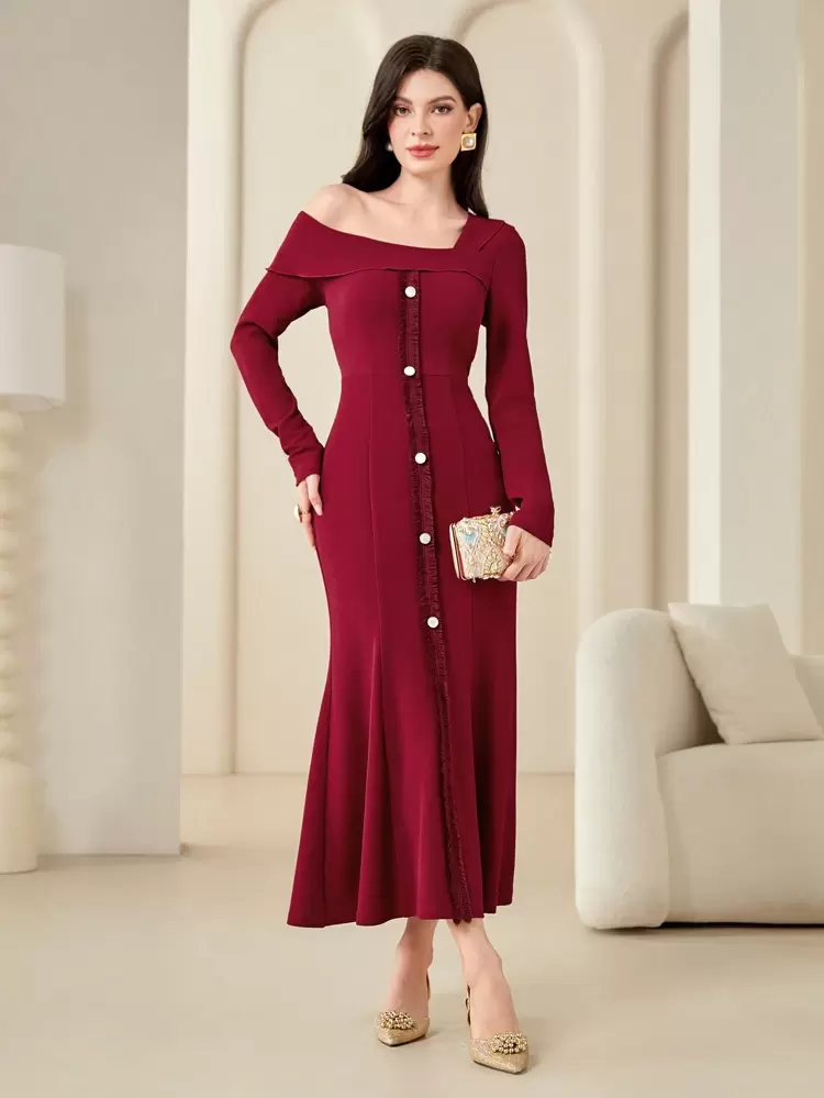 Women's Solid Color Asymmetric Collar Front Buttoned Dress Long Evening Dresses Fall Cloth For Women