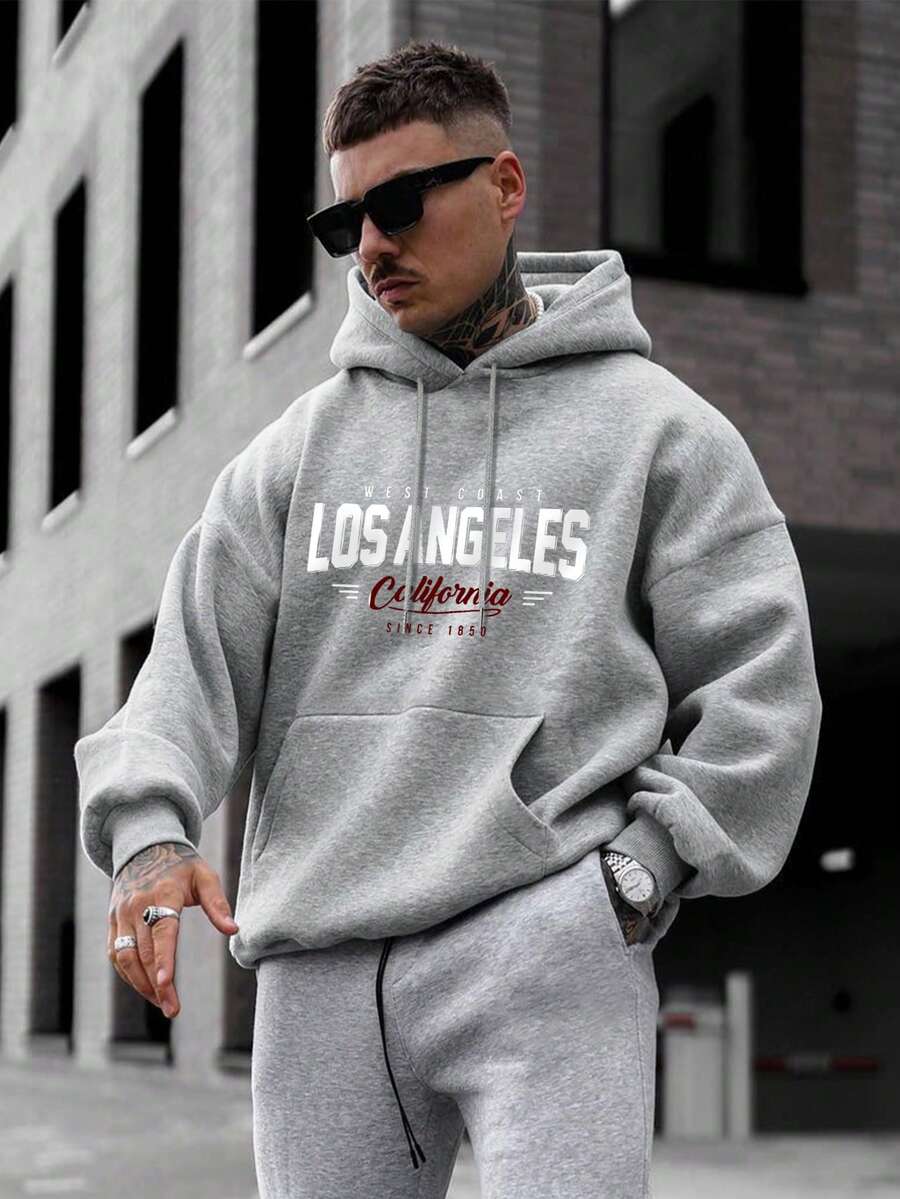Nam Đồ họa Chữ cái Túi kangaroo Dây rút Hoodie - Xám - Xem 1