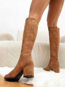 Faux Leather Brown Chunky Heel Over-the-knee Boots Classic Round Toe Women's Boots With Simple Design And Side Zipper Detail, Riding Boots, Plus Size