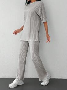 Cottnline Drop Shoulder Split Hem Tee & Trousers - Light Grey - View 5