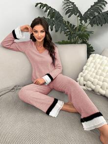 Contrast Lace Flounce Sleeve PJ Set - Pink - View 5