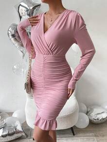 SHEIN Privé Surplice cổ Xù Xù Hoa Sen Váy bodycon - Hồng - Xem 4