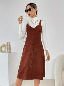 SHEIN Essnce 雙口袋前紐扣背帶洋裝無毛衣 - 鏽棕色 - 查看 6