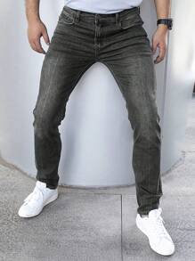 Men's Solid Color Casual Elastic Denim Jeans With Zipper Pockets - Dark Grey - View 3