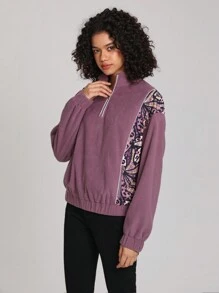 YI HSUAN Designer Contrast Graphic Print Half Zip Drop Shoulder Plush Sweatshirt - Multicolor - View 3
