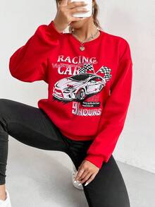 SHEIN Unity Đồ họa ô tô và chữ cái Thả vai Áo nỉ - Đỏ - Xem 6