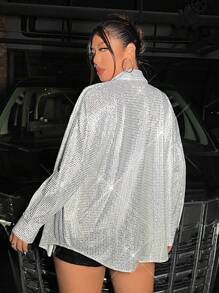 SHEIN BAE 大碼滿版印花落肩袖金屬亮絲襯衫 - 銀色 - 查看 2