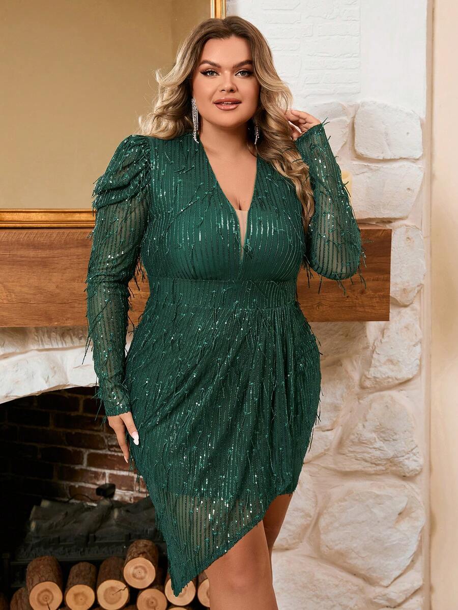 Plus Plunging Neck Gigot Sleeve Wrap Hem Sequin Dress - Green - View 1