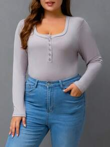 SHEIN EZwear Plus Half Button Ribbed Knit Bodysuit - Grey - View 1