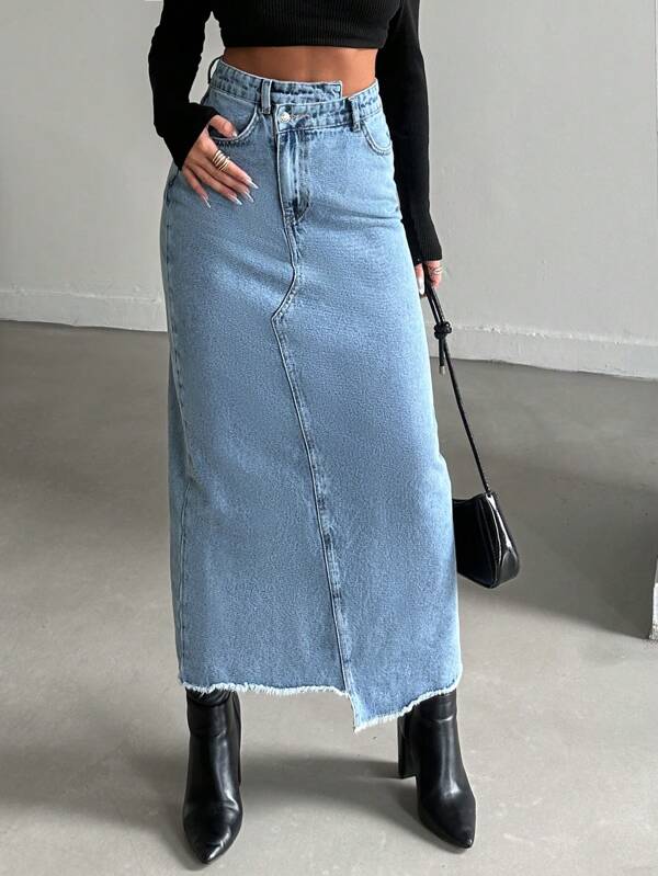 RueChic Fusta de denim asimetrică cu volane cu tiv