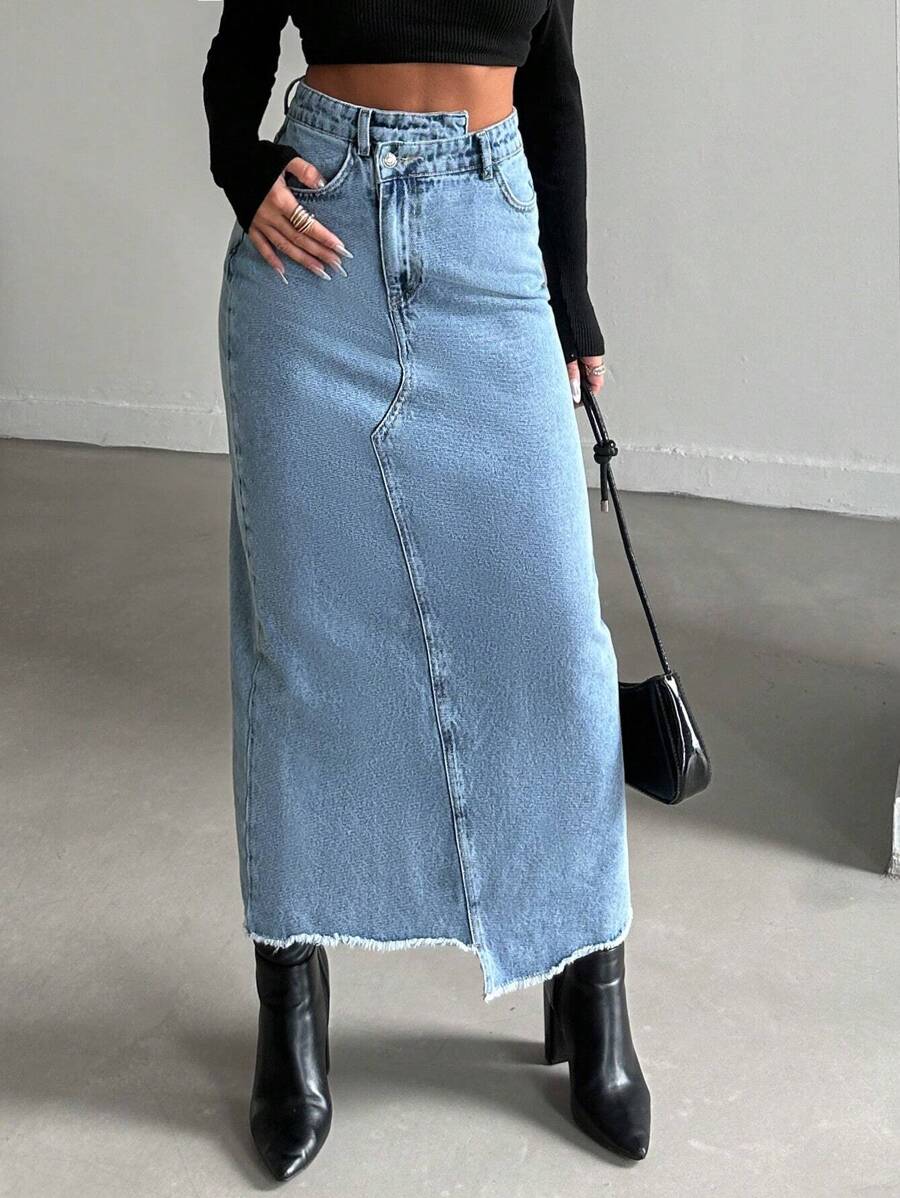 ZIRRA 女士休闲水洗不对称长款牛仔裙 - 淺色水洗藍 - 查看 1