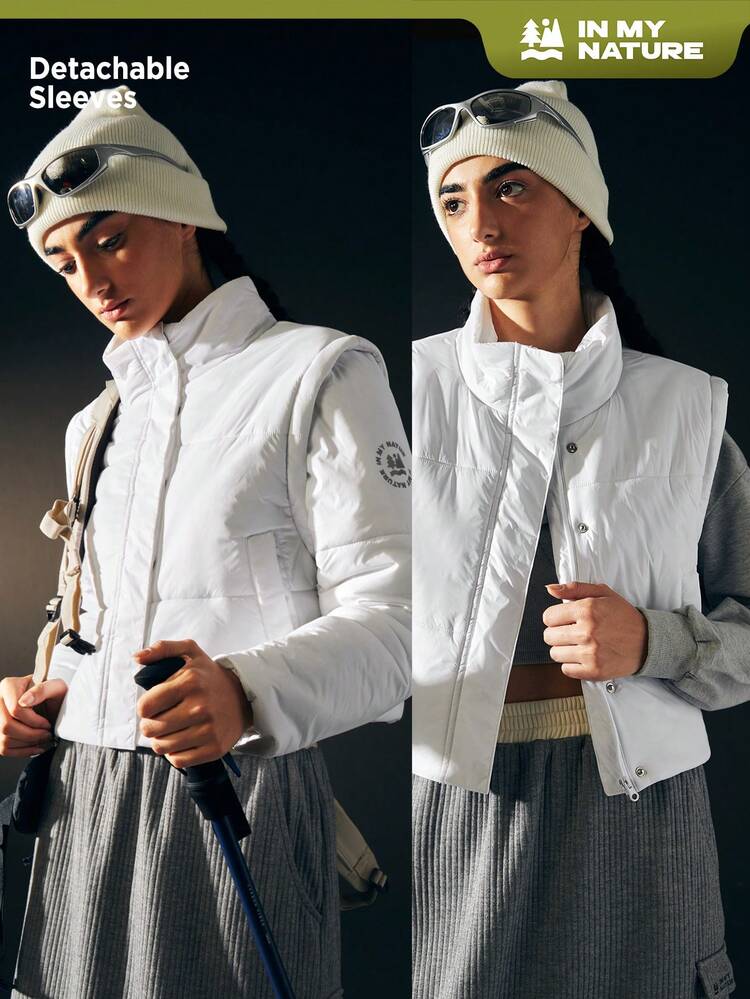 1pc Letter Graphic Padded Coat With Detachable Sleeve