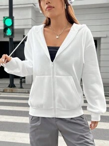 SHEIN EZwear 標語圖案抽繩拉鏈開襟落肩袖連帽衫 - 白色 - 查看 6