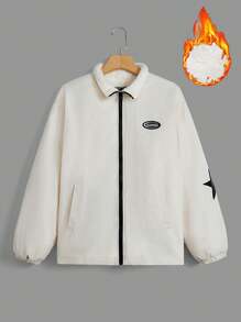 SHEIN EZwear Star & Letter Patched Detail Drop Shoulder Zipper Fleece Coat - Apricot - View 1