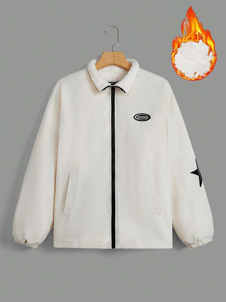 Star & Letter Patched Detail Drop Shoulder Zipper Fleece Coat