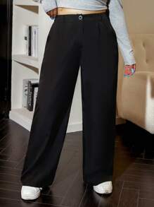 SHEIN EZwear Plus Size High Waist Solid Color Suit Pants Graduation,Back To School,Teacher Outfits For Women In Fall/Winter - Black - View 1