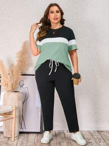 SHEIN LUNE Plus Colorblock Tee & Drawstring Waist Pants For Summer - Multicolor - View 6